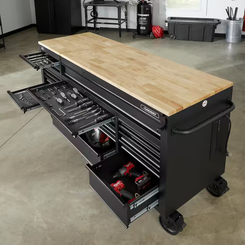 Heavy Duty 18-Drawer Mobile Workbench Cabinet with Hardwood Top in Matte Black D7448