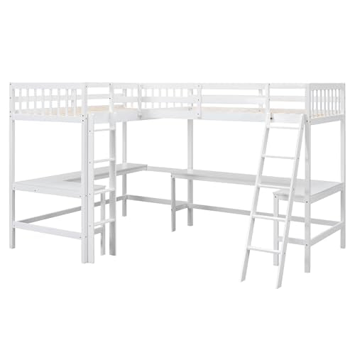 White L-Shaped Wood Twin Size Loft Bed with Desk and Ladder F1111