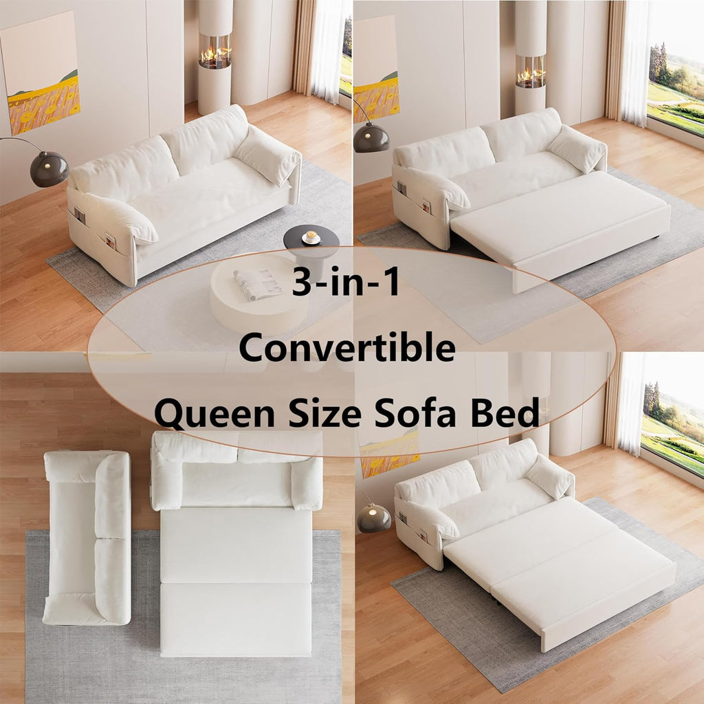 Beige Velvet Queen Size Futon Sofa Bed R564