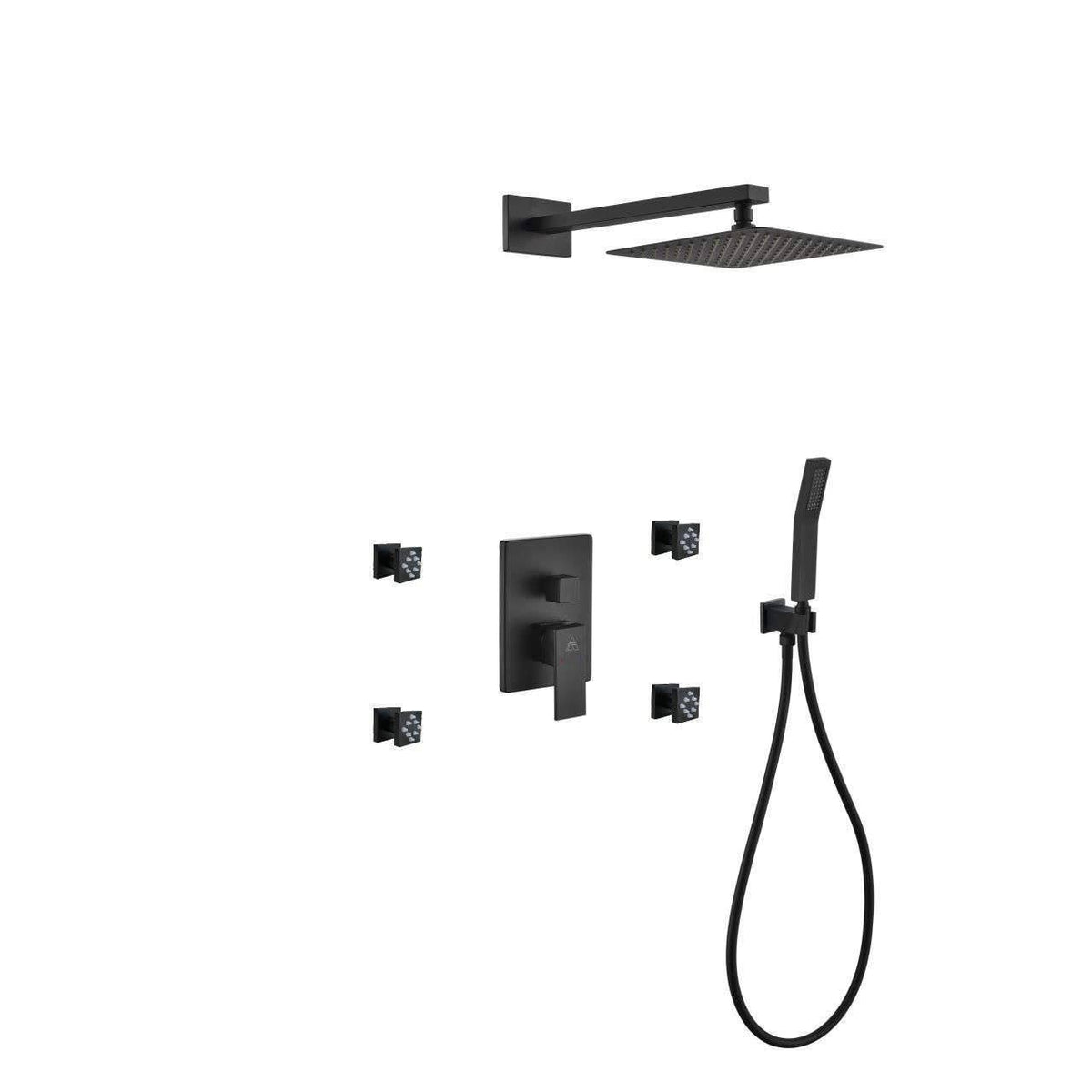 Matte Black Shower Set with 8" Square Rain Shower, 4 Body Jets and Handheld M76131