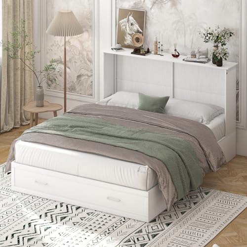 Queen Murphy Bed with Charging Station and Storage Drawers White R5270