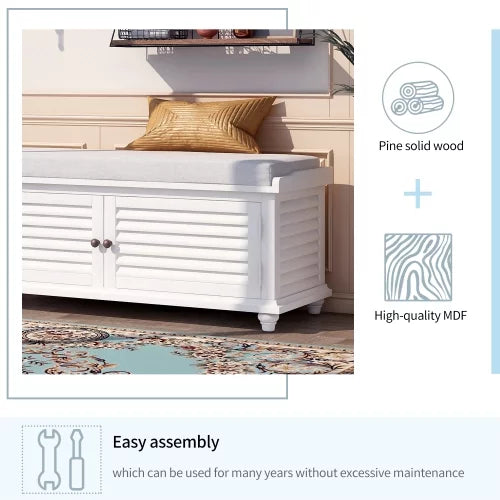 White Wooden Storage Bench with Removable Cushion G4015