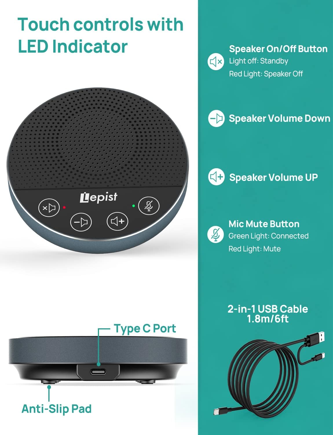 USB Speakerphone with Microphone, 360° Voice Pickup N4316