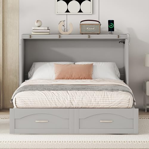 White Solid Wood Queen Size Murphy Bed with Storage and Bookcase Headboard W113128