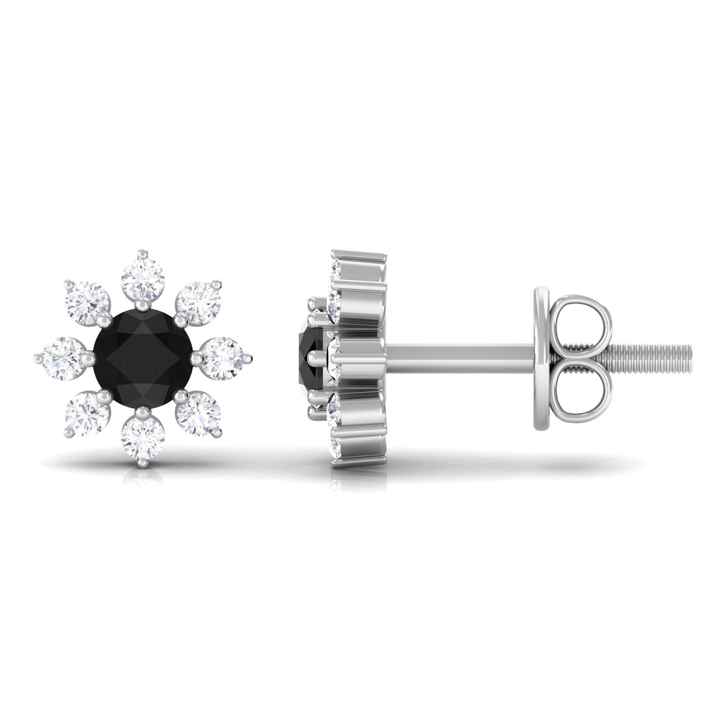 Black Diamond Floral Stud Earrings, 925 Sterling Silver O814