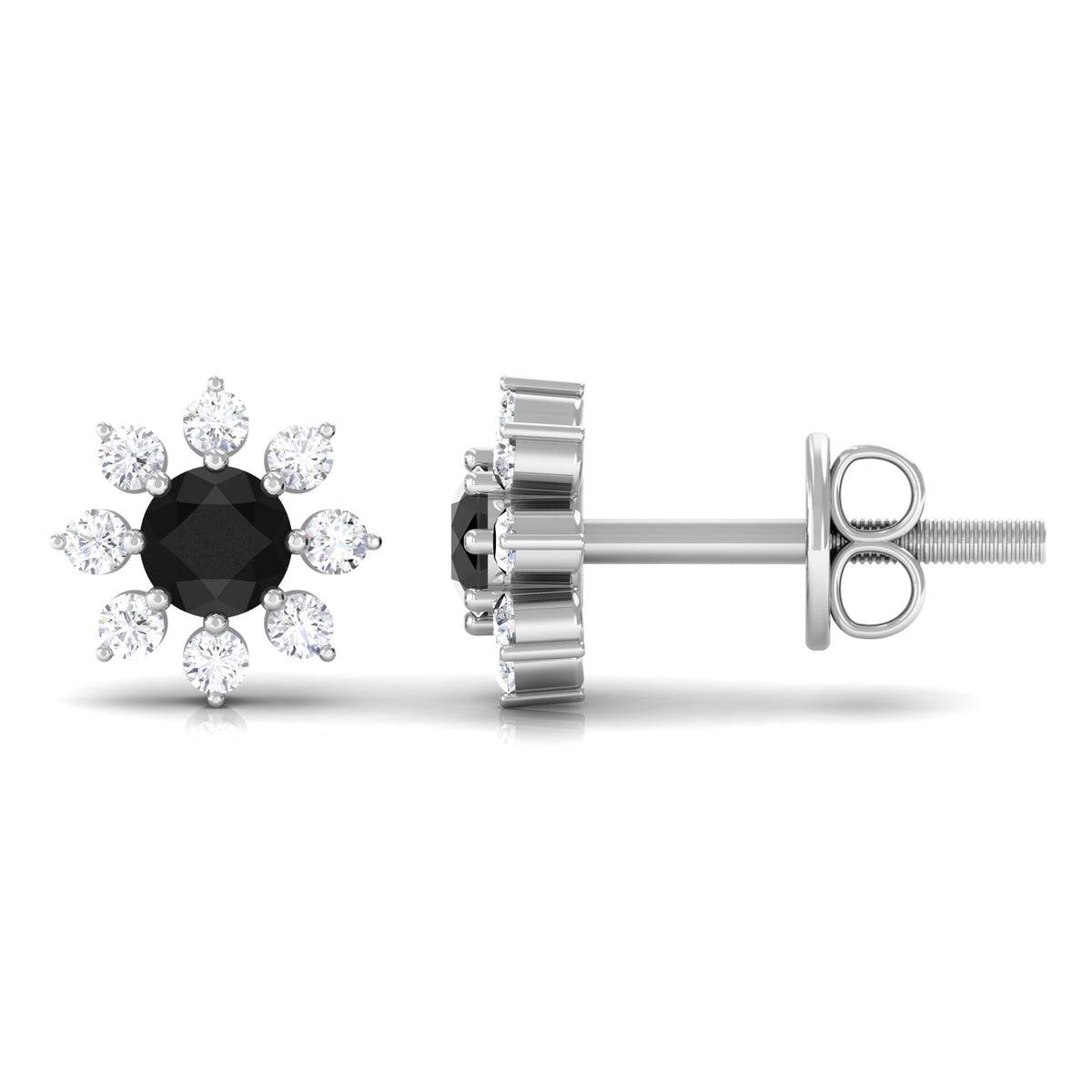 Black Diamond Floral Stud Earrings, 925 Sterling Silver O814