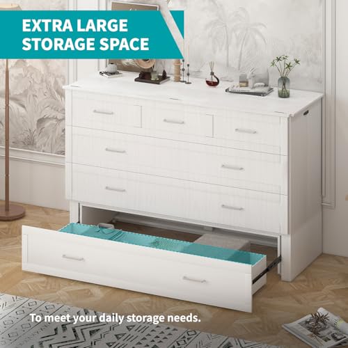 Queen Murphy Bed with Charging Station and Storage Drawers White R5270