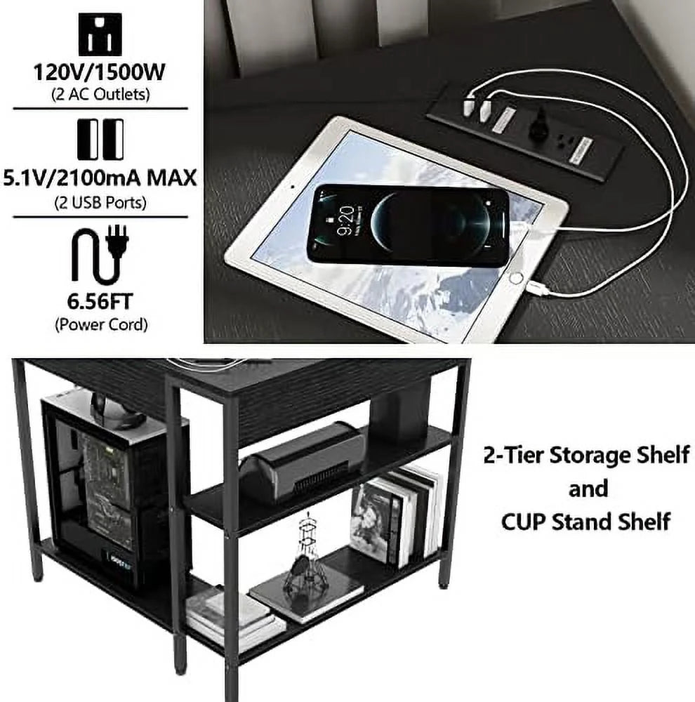 Corner Desk with Outlets USB Ports Shelves L3123