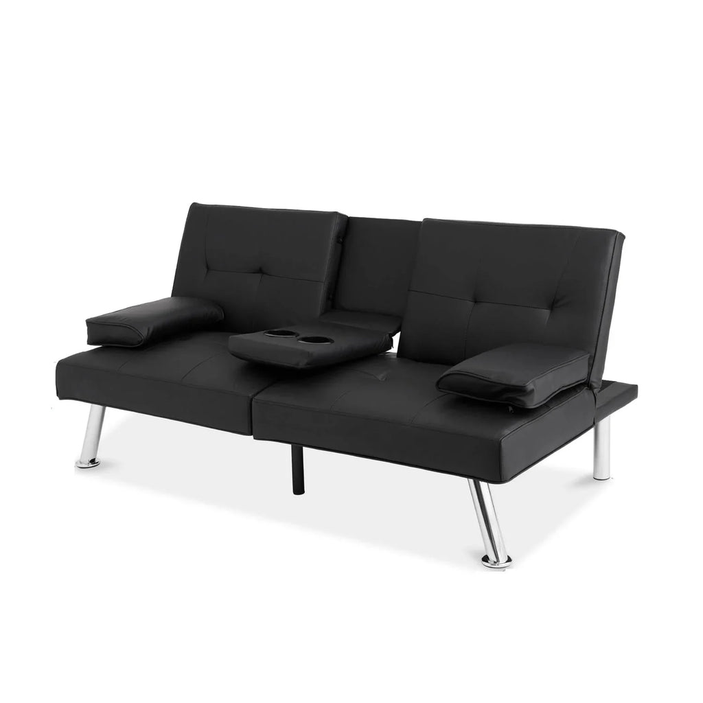 Black Faux Leather Convertible Sofa Futon with 2 Cup Holders L35696