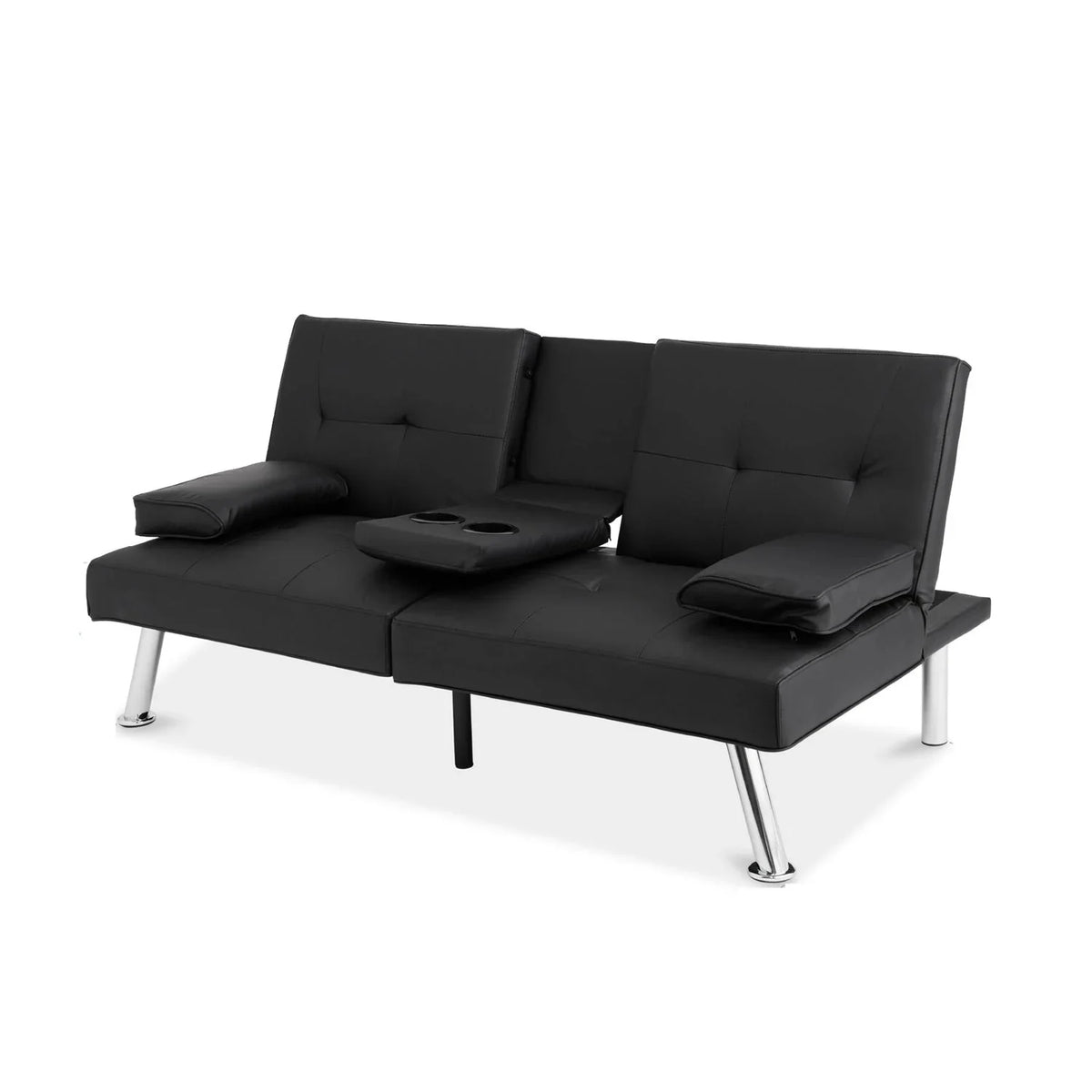 Black Faux Leather Convertible Sofa Futon with 2 Cup Holders L35696