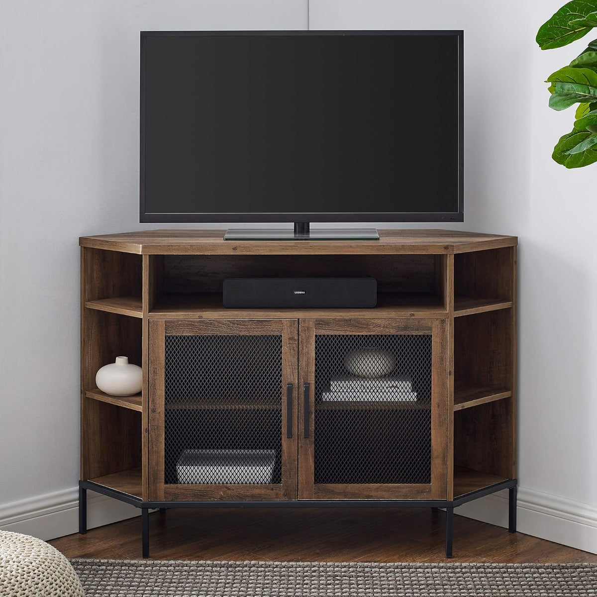 Rustic Oak 48 Inch Corner TV Stand with Cabinet Doors T3344
