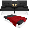 Black Faux Leather Convertible Sofa Futon with 2 Cup Holders L35696