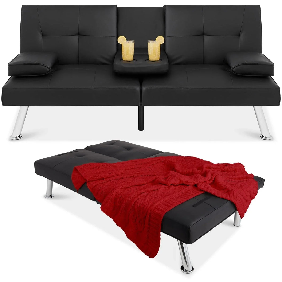 Black Faux Leather Convertible Sofa Futon with 2 Cup Holders L35696