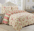 Vintage Floral Rose Chintz 3-Piece Khaki Pink Green Scalloped Cotton Reversable Queen Quilt Bedding Set D252