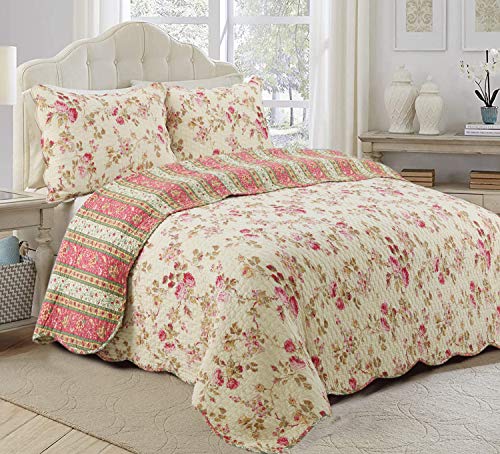 Vintage Floral Rose Chintz 3-Piece Khaki Pink Green Scalloped Cotton Reversable Queen Quilt Bedding Set D252