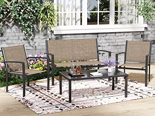 4 Pieces Patio Furniture Set Textilene Fabric with Glass Coffee Table Black L147