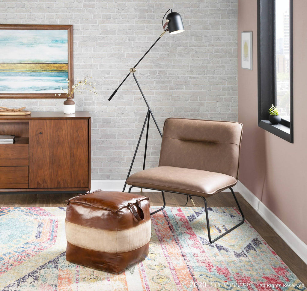 Espresso Leather Tan Canvas Pouf M8488