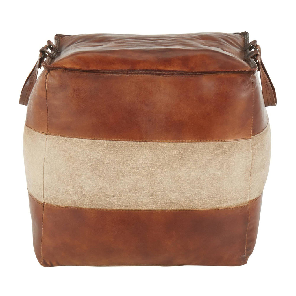 Espresso Leather Tan Canvas Pouf M8488