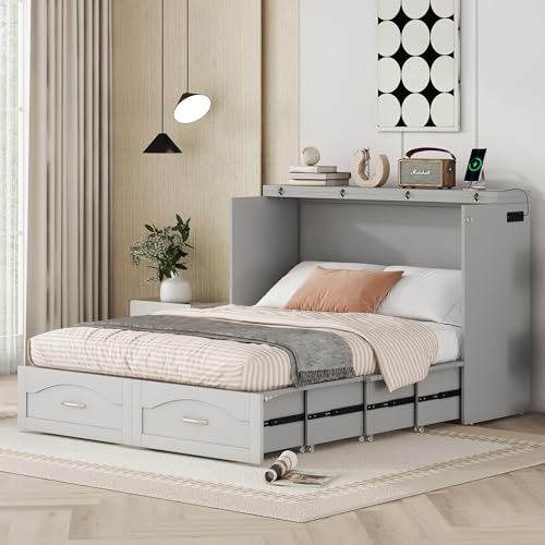White Solid Wood Queen Size Murphy Bed with Storage and Bookcase Headboard W113128