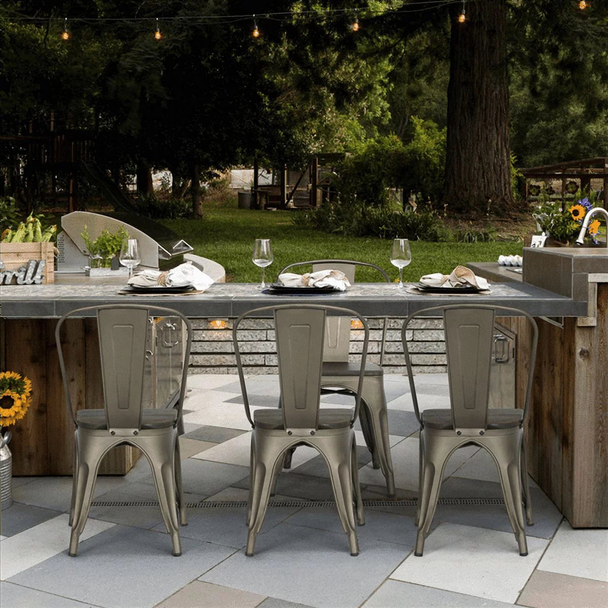 Metal Dining Chairs with Wooden Seat Set of 4 X5643