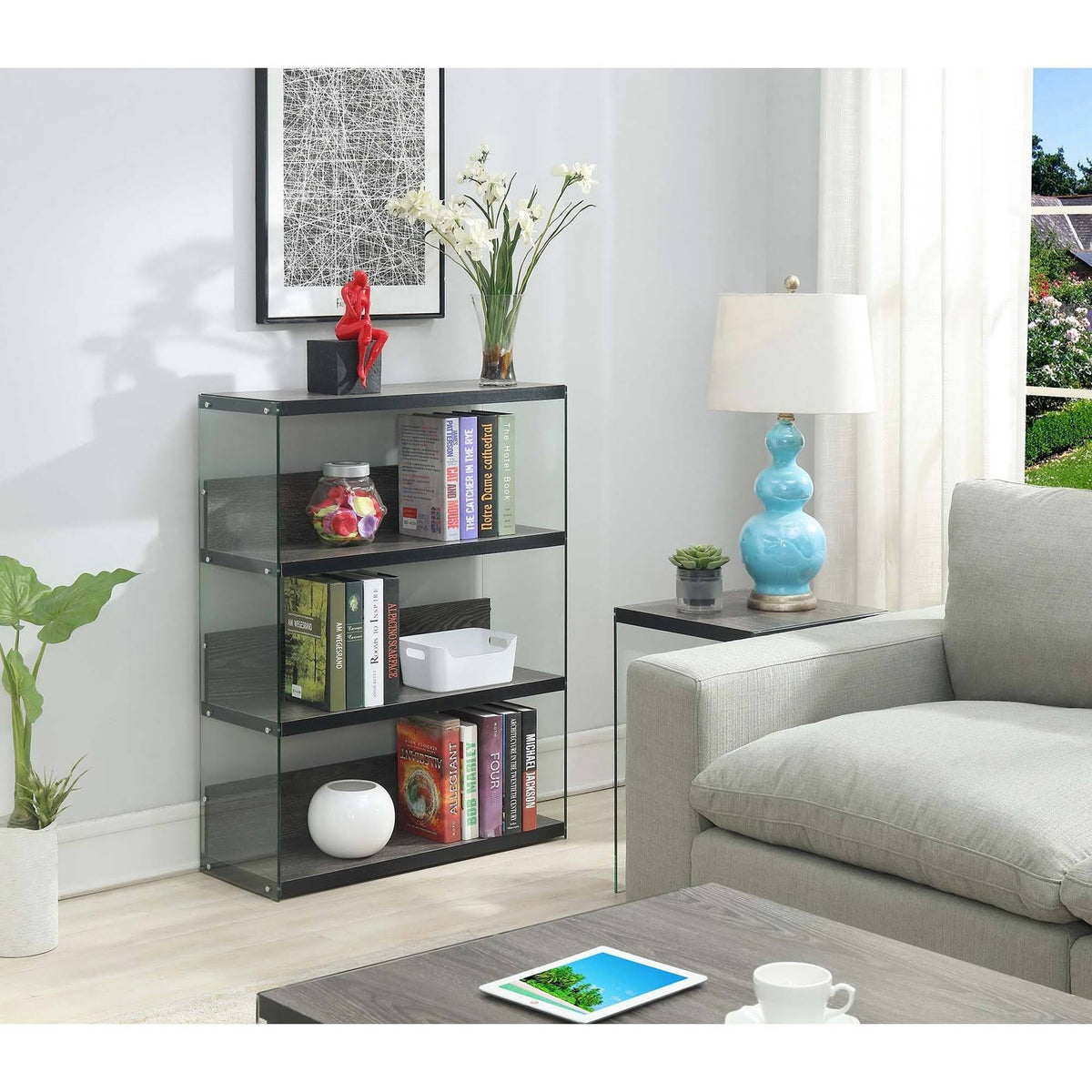 Weathered Grey 4-Tier Glass Wood Bookcase K58014