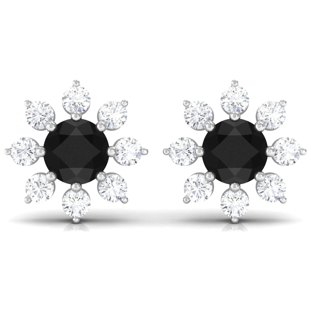Black Diamond Floral Stud Earrings, 925 Sterling Silver O814