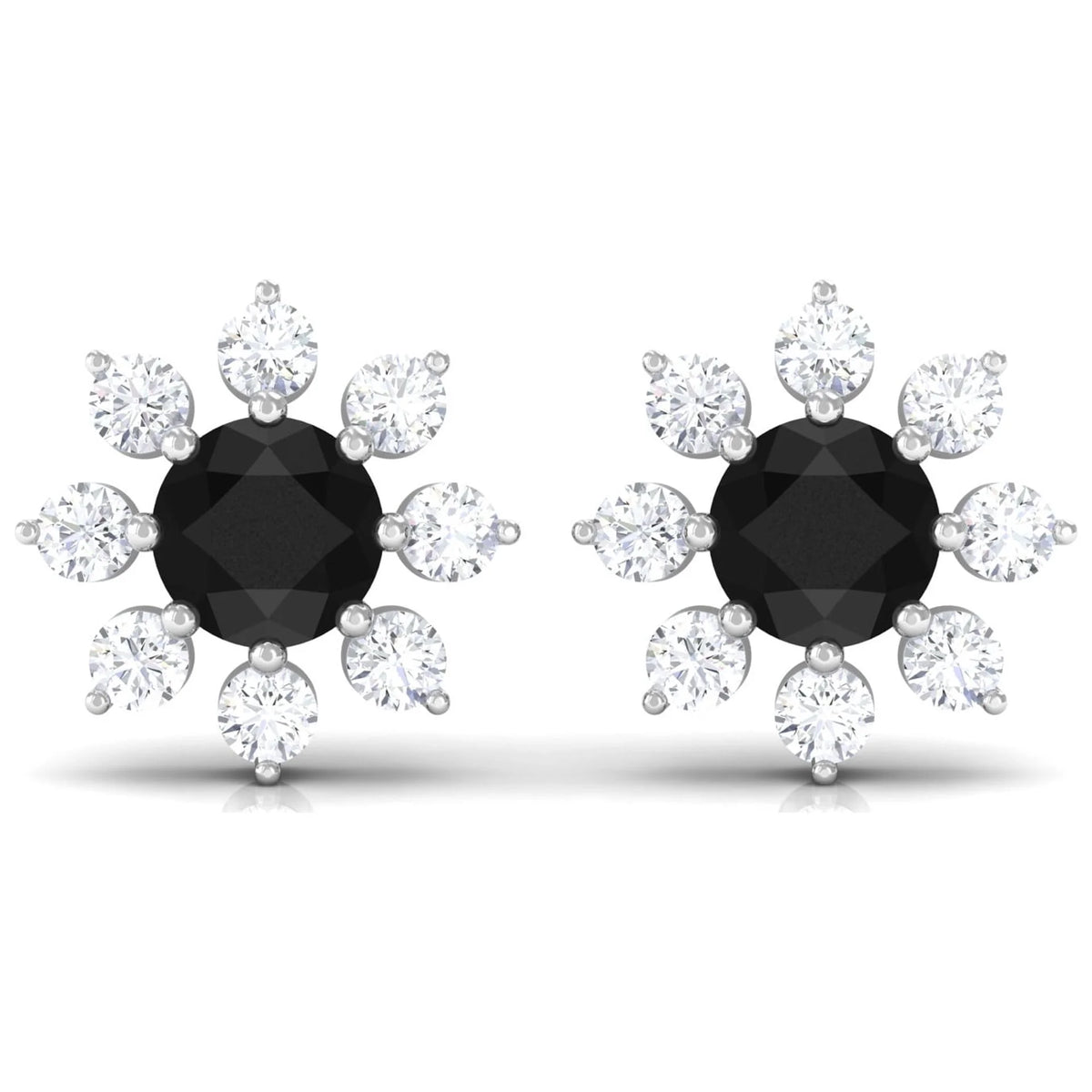 Black Diamond Floral Stud Earrings, 925 Sterling Silver O814