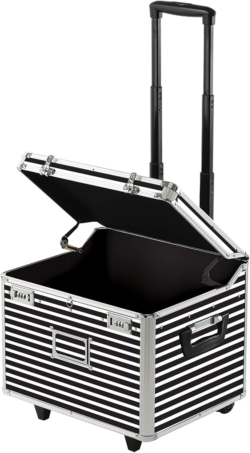 Locking Mobile Rolling File Storage Chest, Letter/Legal Wheelie Case, Black/White Stripes R31987