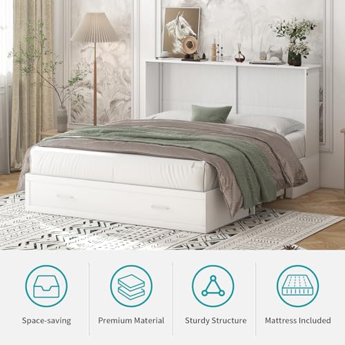 Queen Murphy Bed with Charging Station and Storage Drawers White R5270