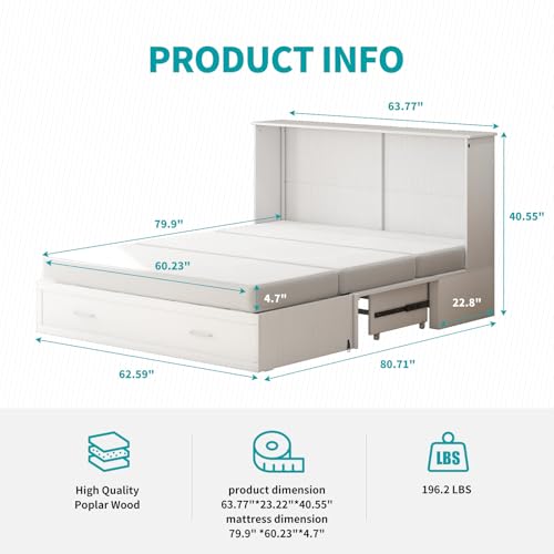 Queen Murphy Bed with Charging Station and Storage Drawers White R5270