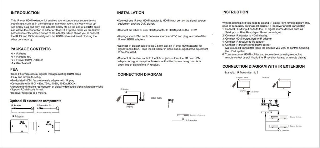 IR Emitter, IR Extender, Remote Control Extender Kit with IR Signal Receiver and 2 HDMI Adapters Z8914