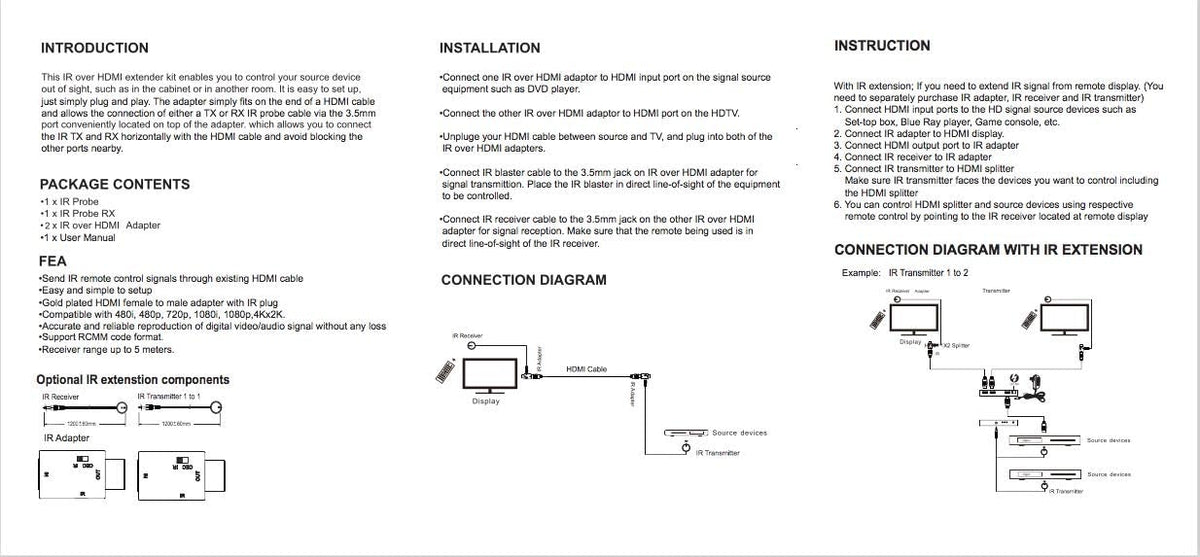 IR Emitter, IR Extender, Remote Control Extender Kit with IR Signal Receiver and 2 HDMI Adapters Z8914