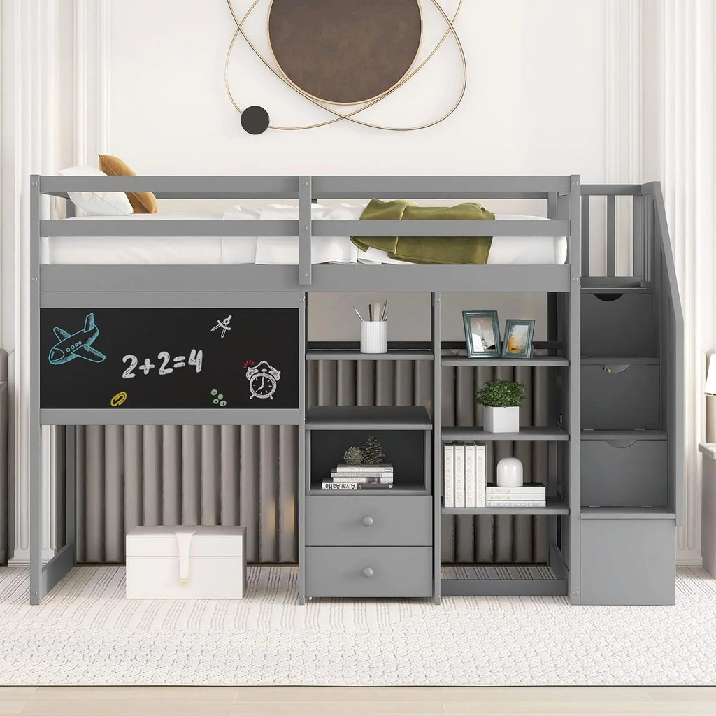 Grey Wood Loft Bed Frame with Desk Shelves Stairs O6537