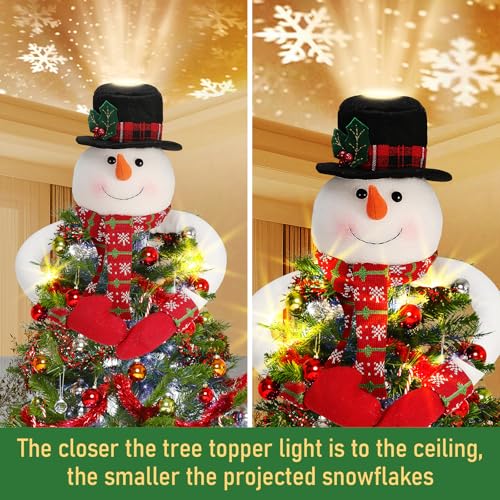 Lighted Snowman Hat Tree Topper with Rotating LED Snowflake Projection P3369