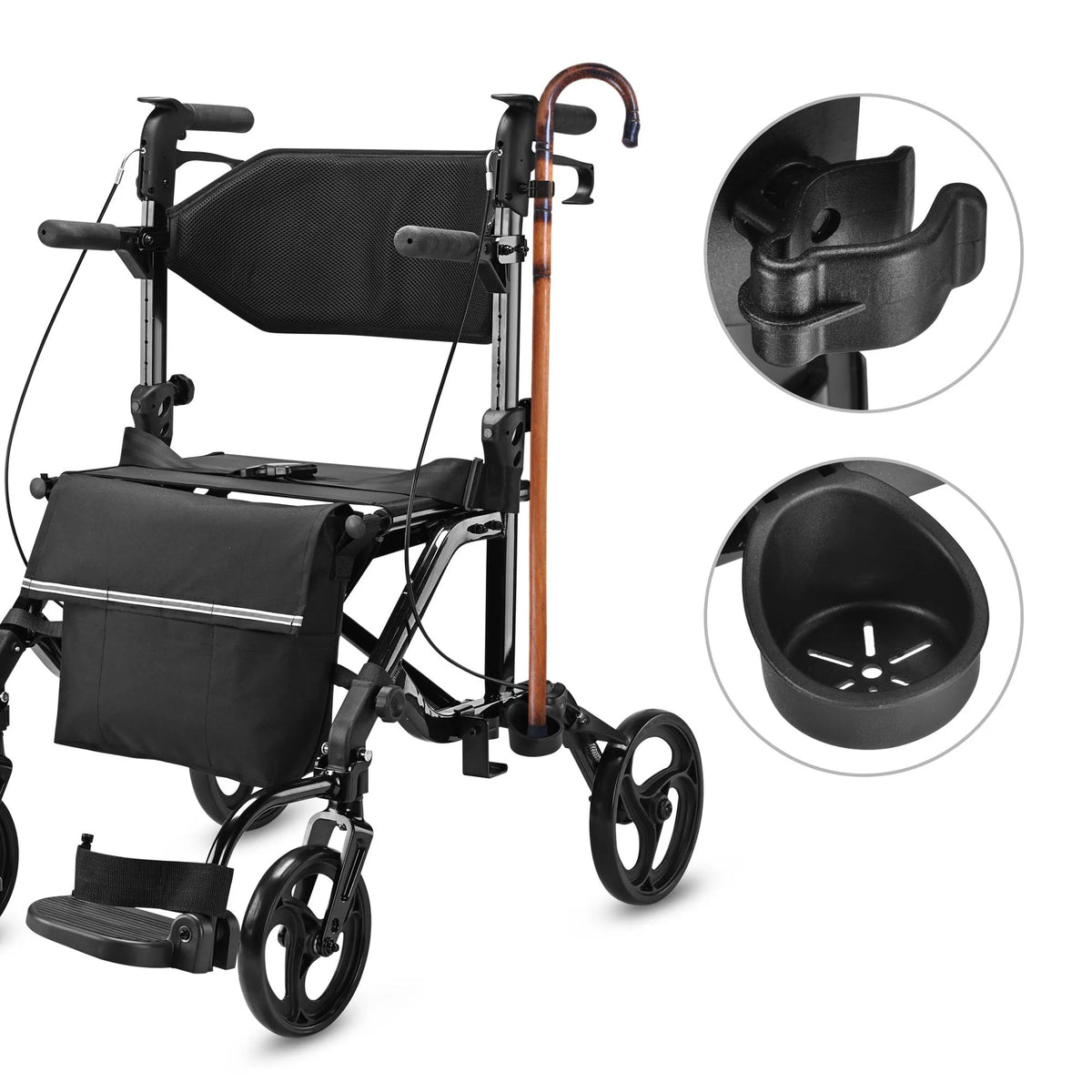2 in 1 Rollator Walker Transport Wheelchair with Backrest Footrests Foldable Black M203