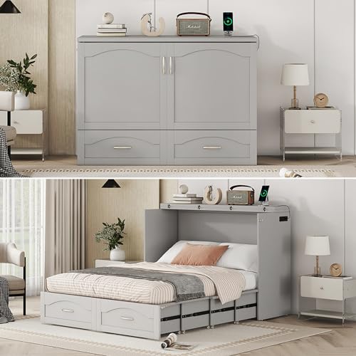White Solid Wood Queen Size Murphy Bed with Storage and Bookcase Headboard W113128