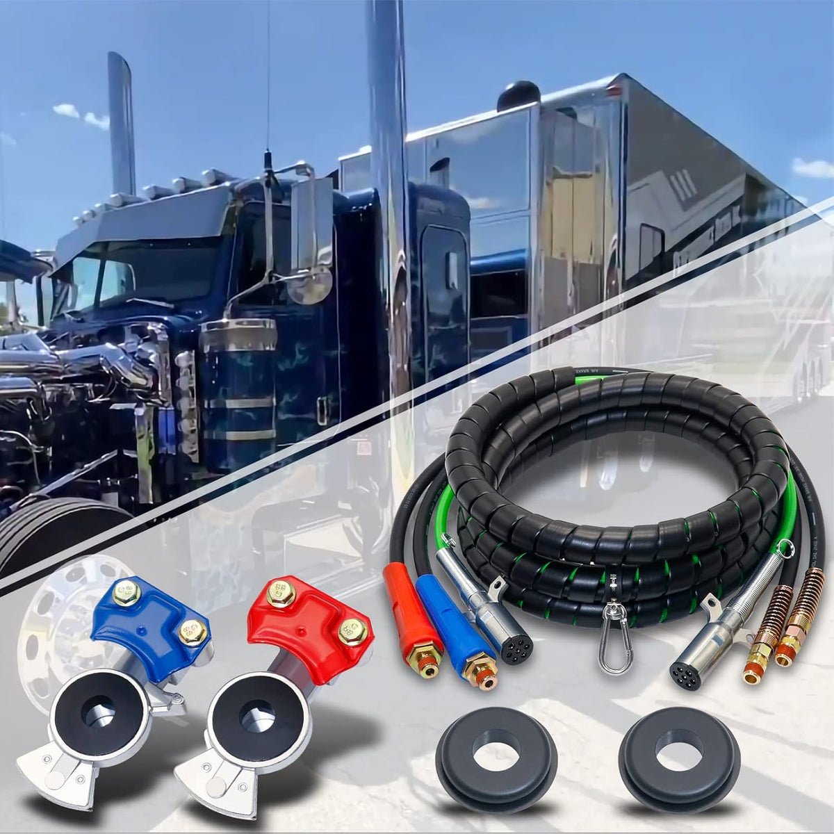 15 Ft 3 in 1 7 Way ABS Electrical Cable & Rubber Air Line Hose Assembly with Aluminum GladHands C558