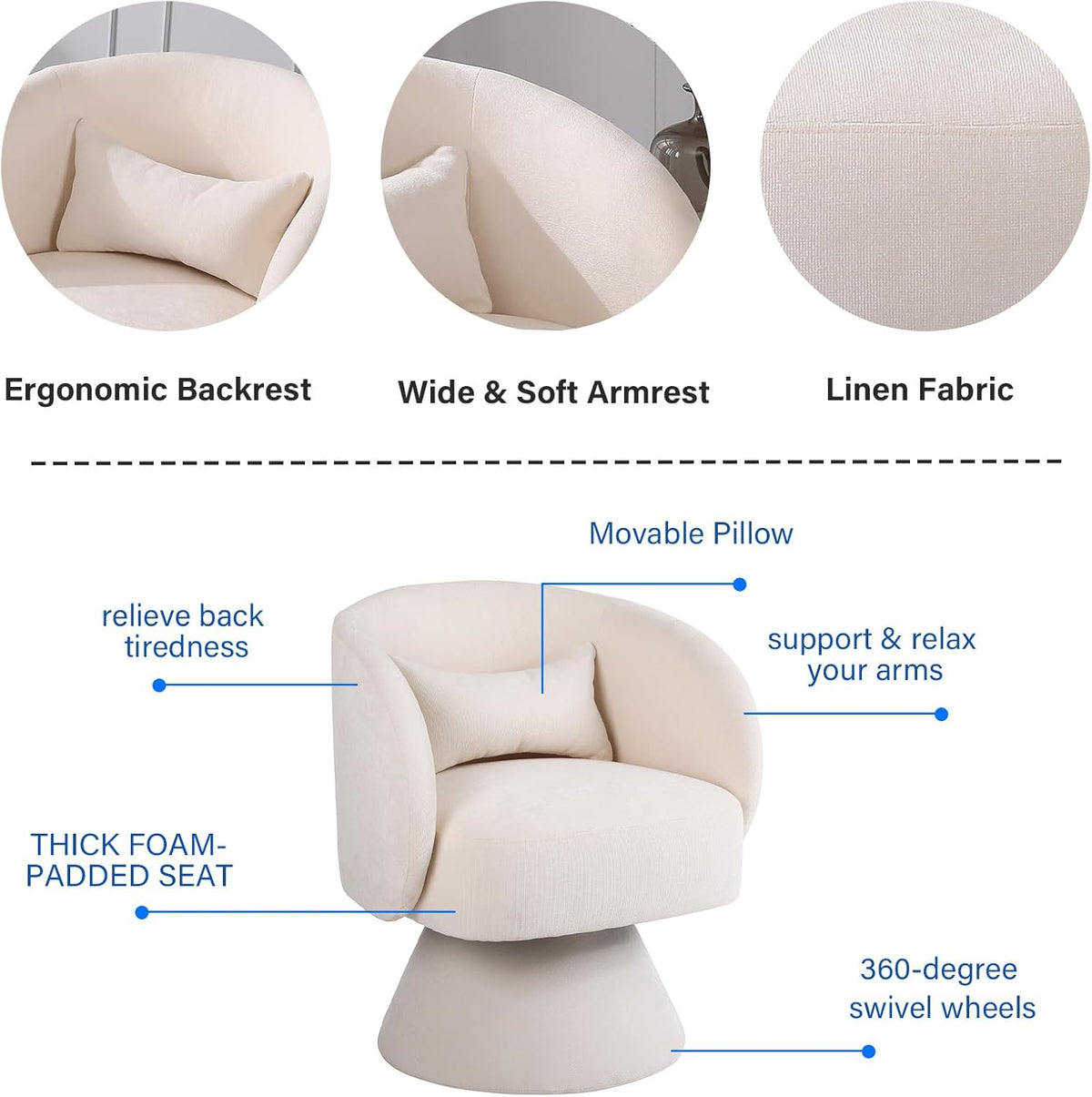 Beige Linen Fabric Swivel Barrel Accent Chair Y32467