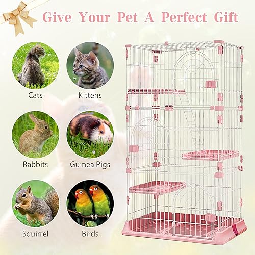 Pink 52 Inches Metal Cat Cage with 3 Platforms and 1 Ramp B111