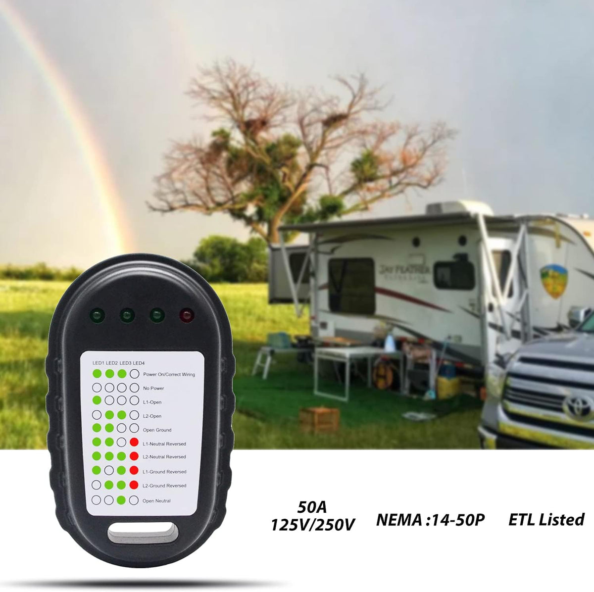 50 Amp RV Surge Protector and Power Pedestal Tester with LED Indicator Light I17961