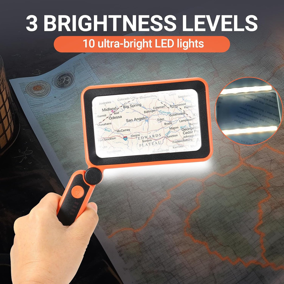 Rechargeable LED Magnifying Glass 5X Folding Rectangular Handheld Lighted Magnifier L24290