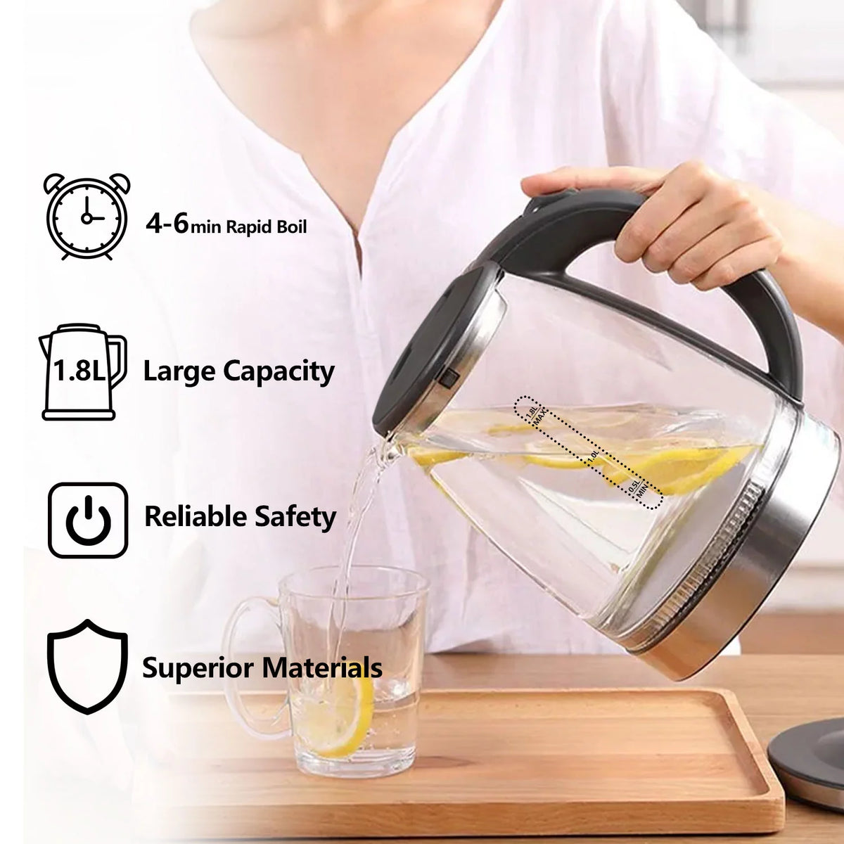 1.8 Liter Glass and Steel Electric Kettle with Auto Shut-Off K214063