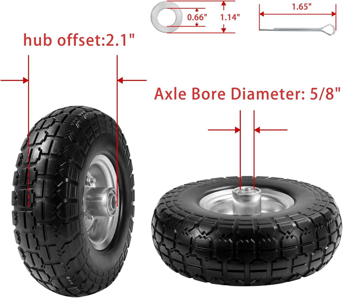 4.10/3.50-4 Flat-Free Solid Tires and Wheels with 5/8" Bearings 2-Pack O6885
