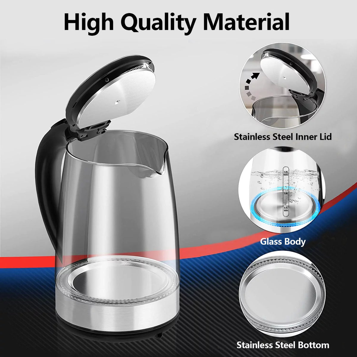 1.8 Liter Glass and Steel Electric Kettle with Auto Shut-Off K214063