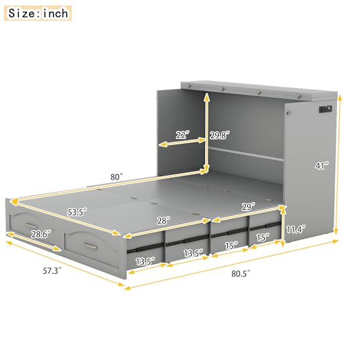White Solid Wood Queen Size Murphy Bed with Storage and Bookcase Headboard W113128