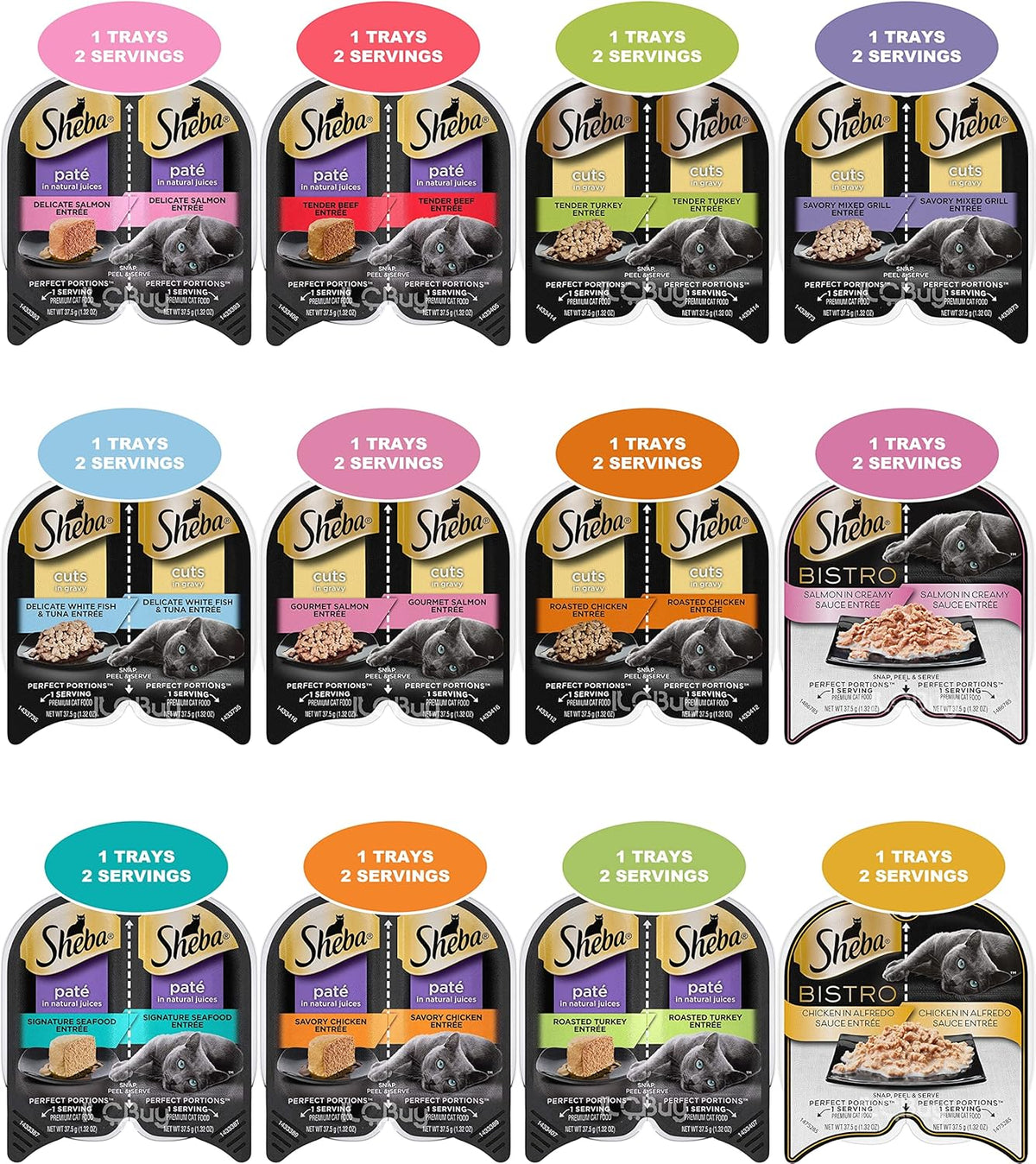 12 Trays 2.6 Oz Each Assorted Cuts in Gravy Pate in Natural Juice Cat Food R394