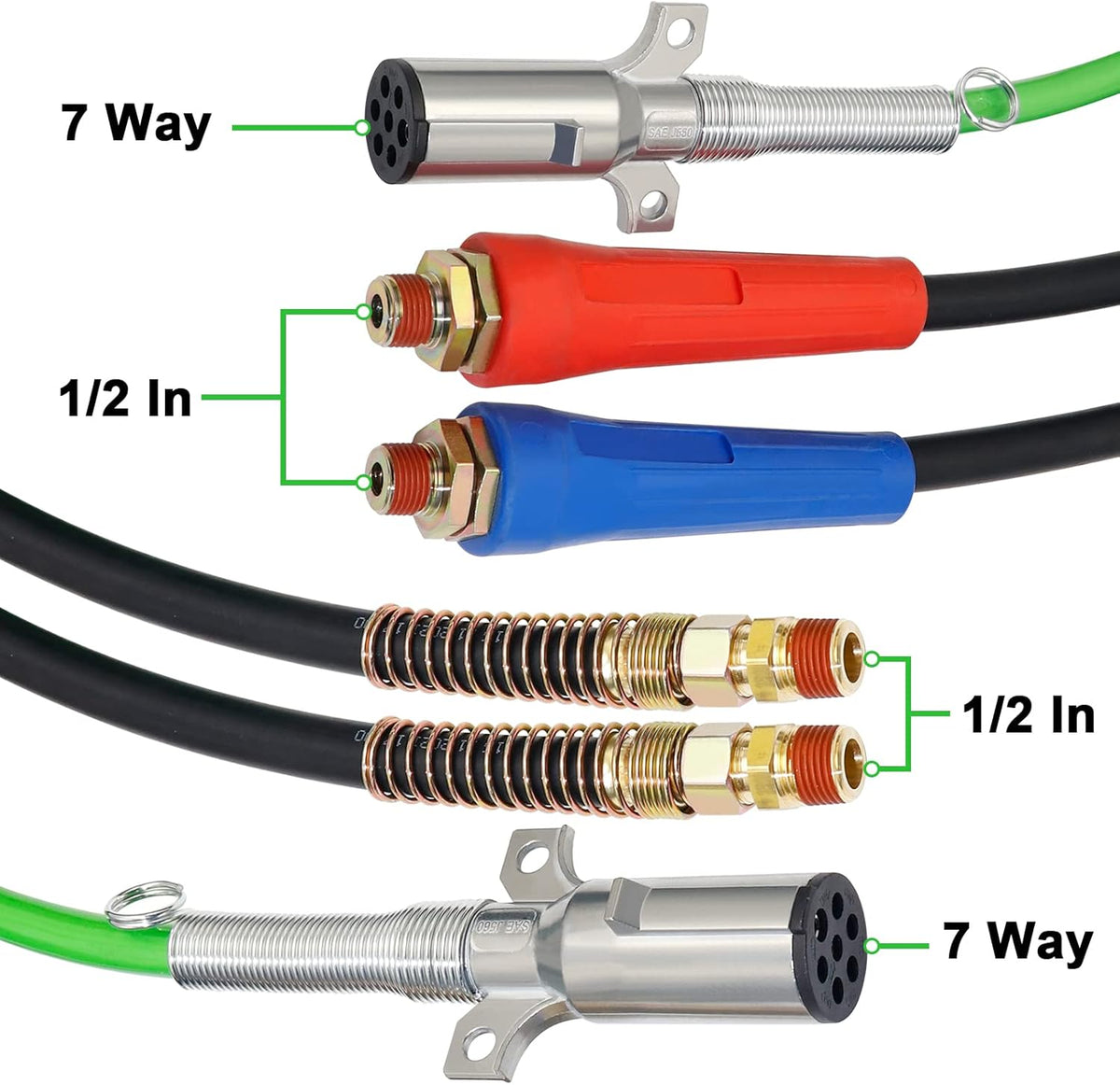 15 Ft 3 in 1 7 Way ABS Electrical Cable & Rubber Air Line Hose Assembly with Aluminum GladHands C558