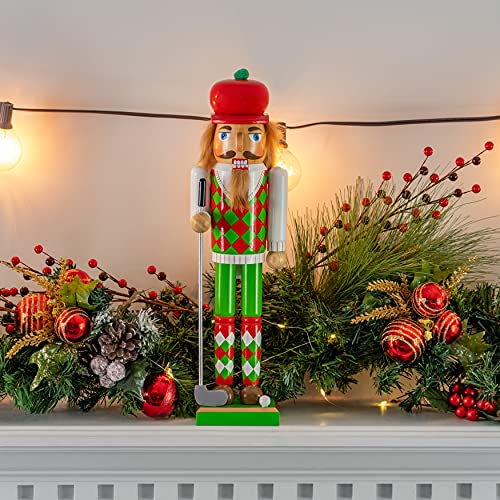 Red and Green Wooden Golf Player Nutcracker 15" S28365