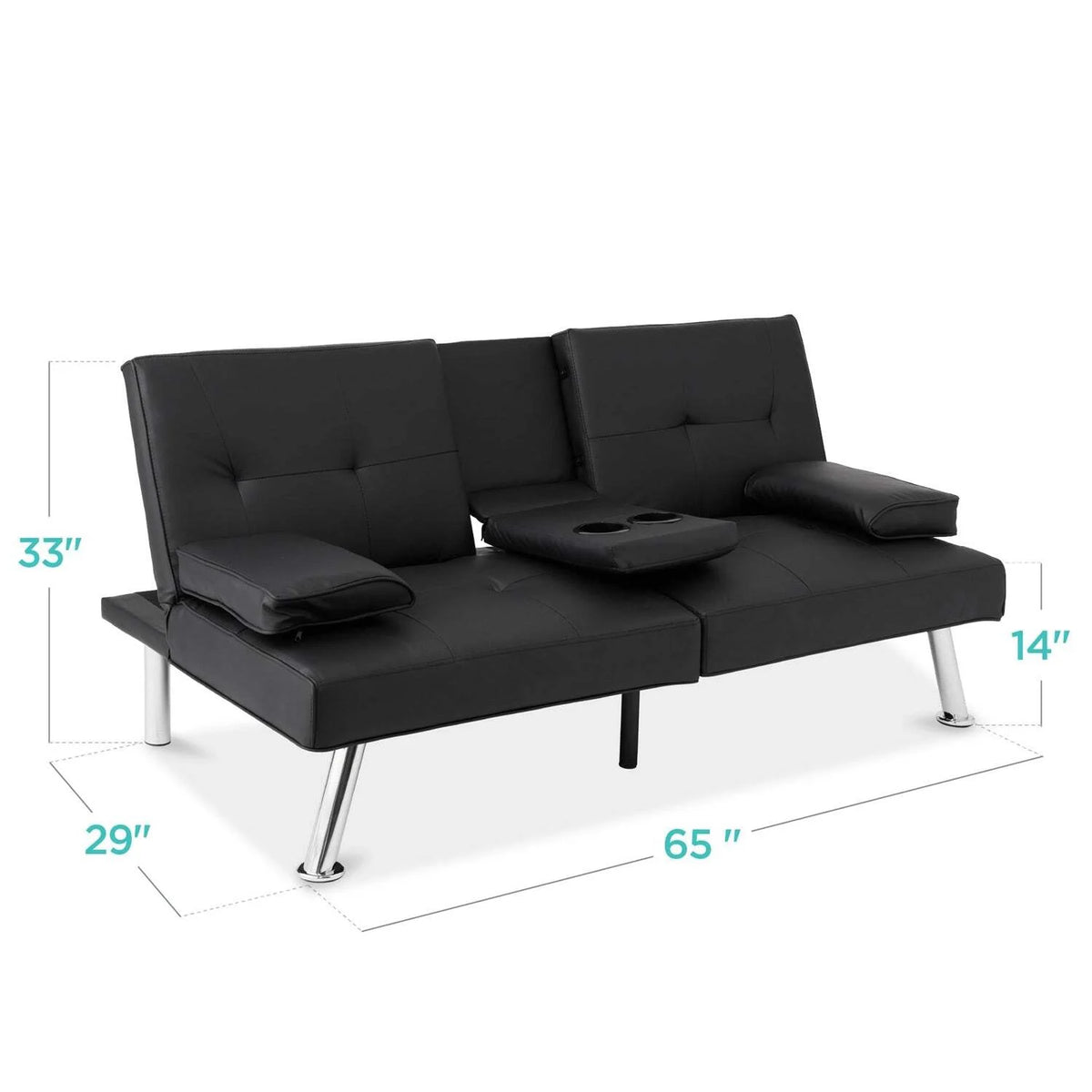 Black Faux Leather Convertible Sofa Futon with 2 Cup Holders L35696
