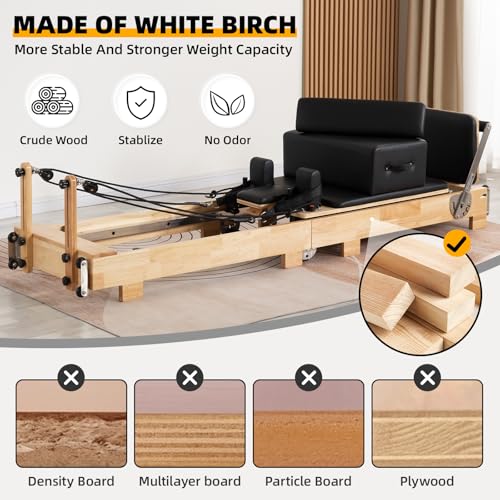 Oak Frame Foldable Wooden Pilates Reformer with Springs Jump Board Sitting Box U9176
